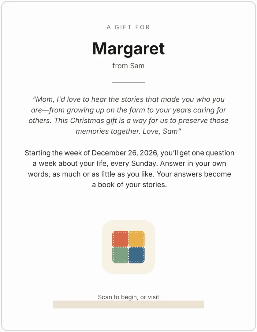 A printable gift card: “A gift for Margaret, from Sam,” with Sam’s note and “Starting the week of December 26, 2026, you’ll get one question a week about your life, every Sunday.”