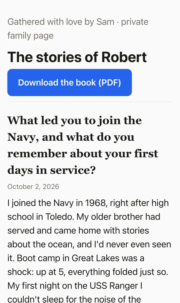 The private family page on a phone: “The stories of Robert,” a “Download the book (PDF)” button, and his story about joining the Navy.