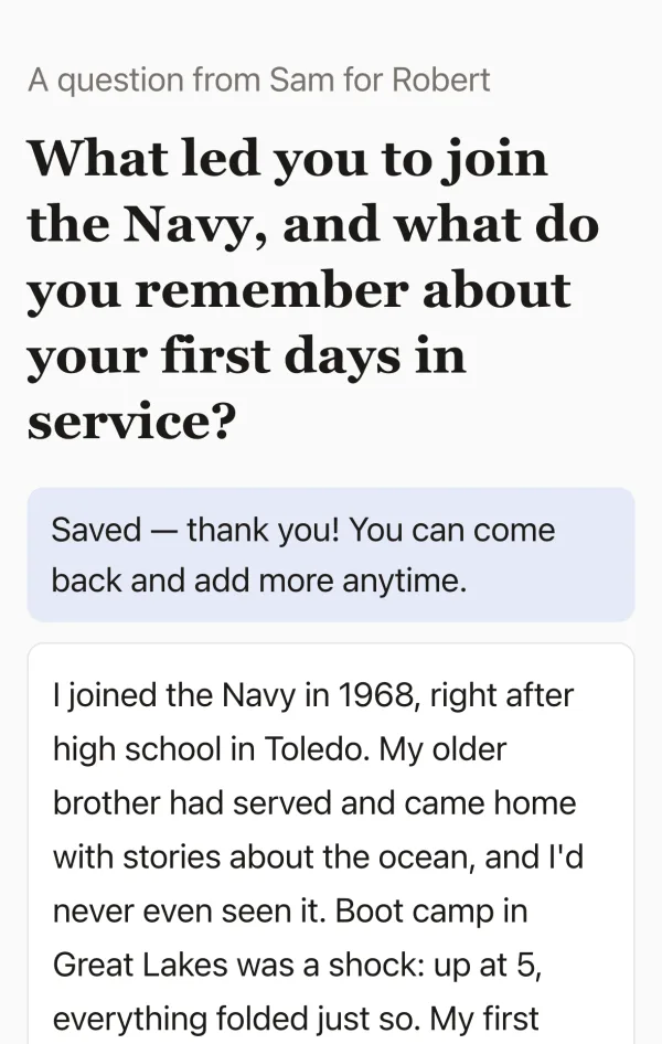 The answer page after saving: “Saved — thank you! You can come back and add more anytime,” above Robert’s answer.